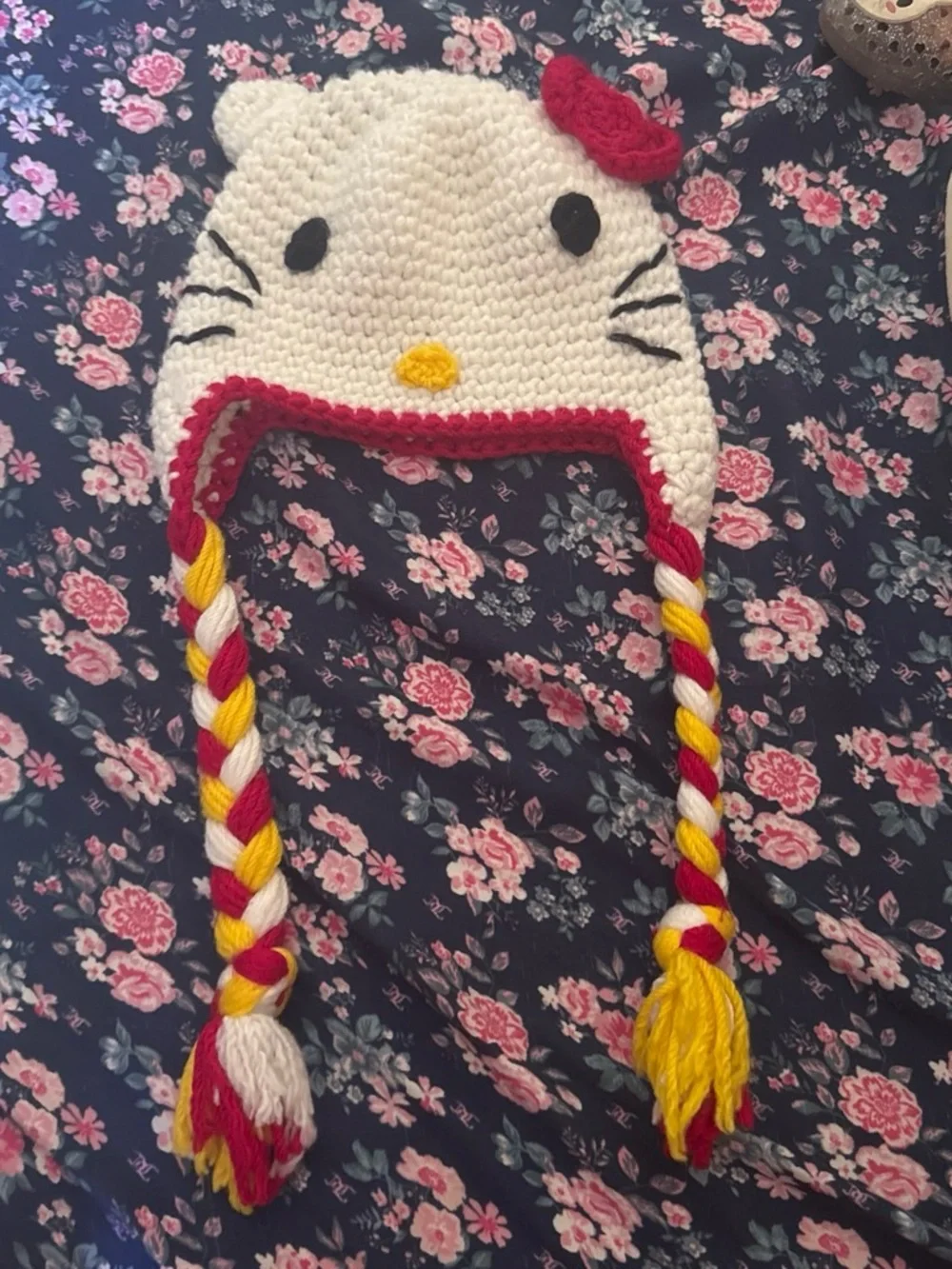 Kids White Crochet Character hello kitty  Hat with Pink and Yellow Accents